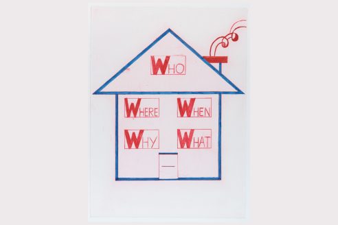 Louise Bourgeois' print "Who, Where, When, Why, What" from 1999, depicting the pictorial blue outline of a typical detached house with chimney. The words Who, Where, When, Why, What are written in red capital letters in the four quadrants of the house and in the apse of the roof. The chimney emits a delightful spiral of smoke, also in red ink